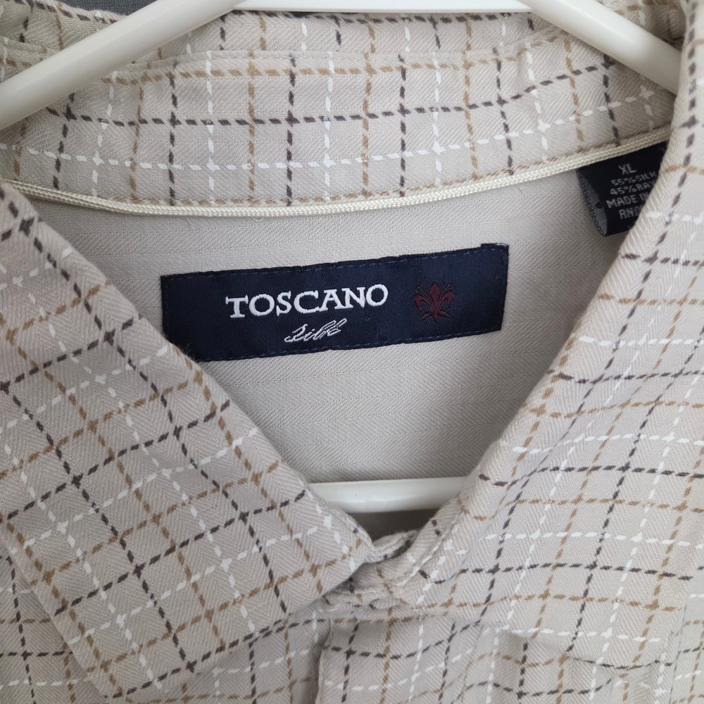 Toscano Silk Short Sleeve Button Down Shirt Tan Grid‎ Check Herringbone Luxury